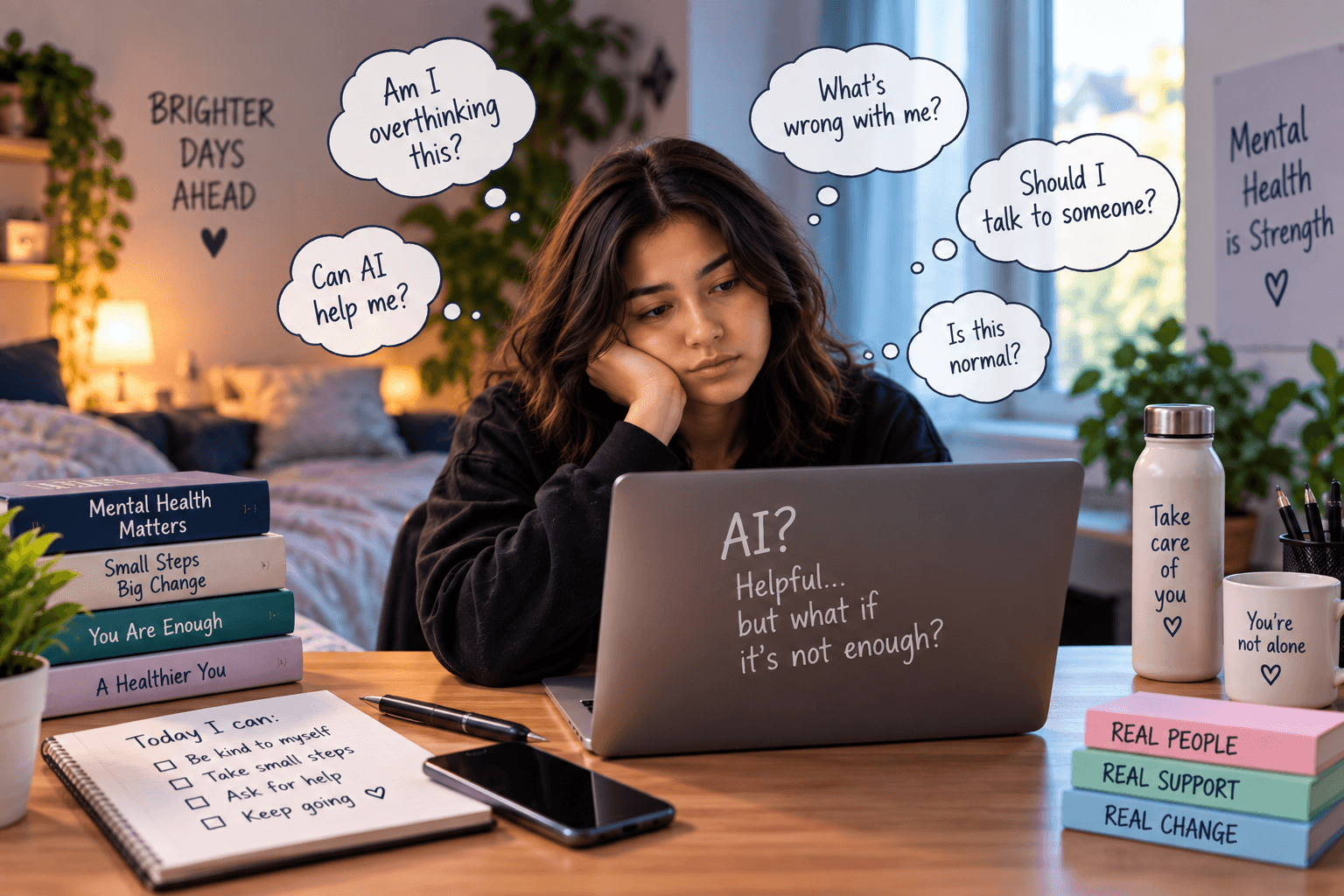 Young adult reflecting on emotional health while using AI